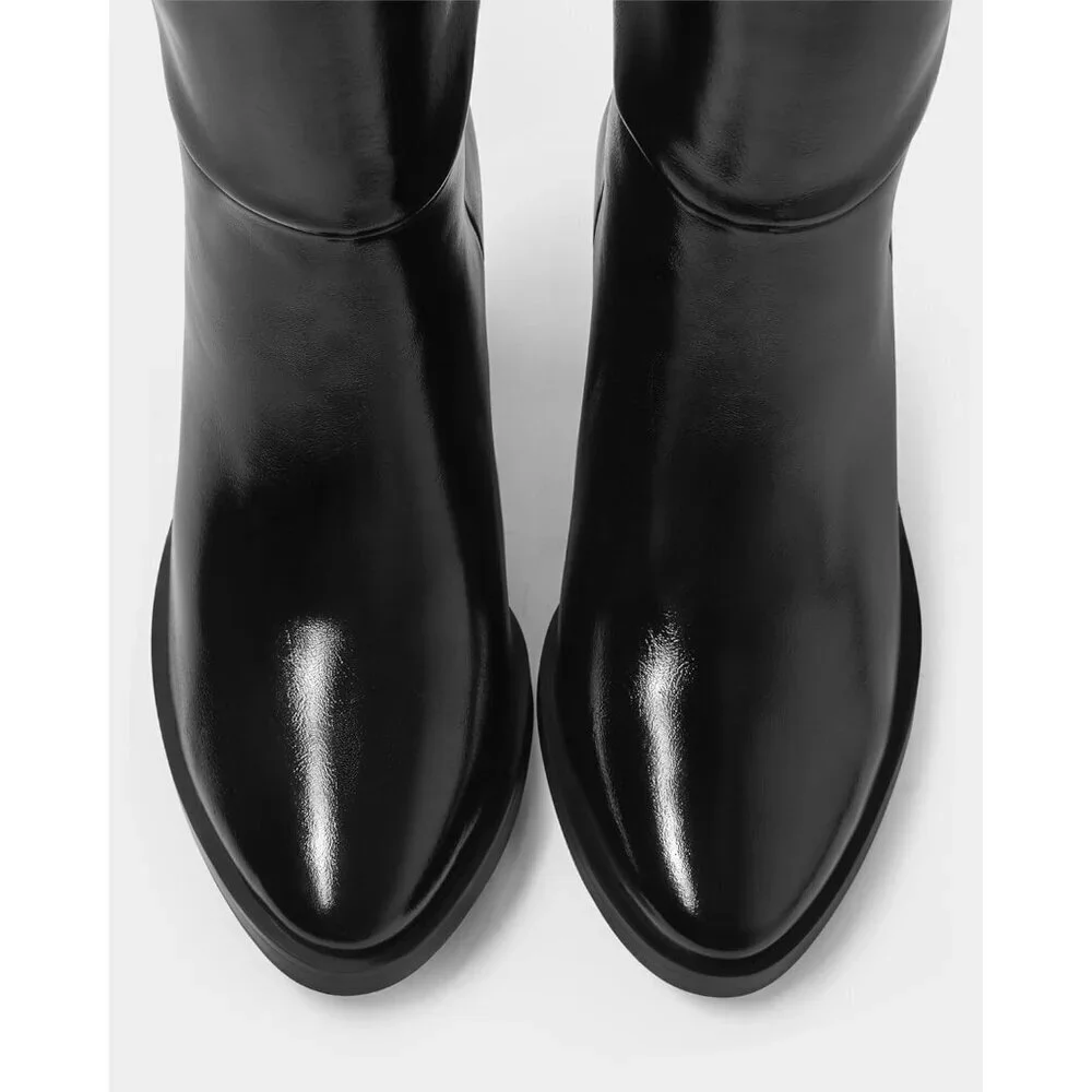 Women Black Pu Over the Knee Square Toe Chunky Heel Patent Leather Long Boots